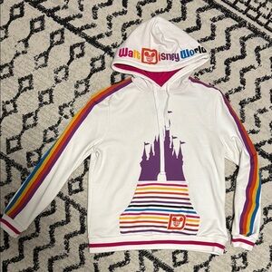 Disney White Hoodie with Rainbow Stripes and Purple Castle